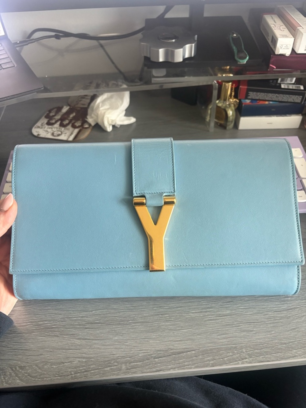 Saint Laurent YSL Classic Y Ligne Clutch Light Blue